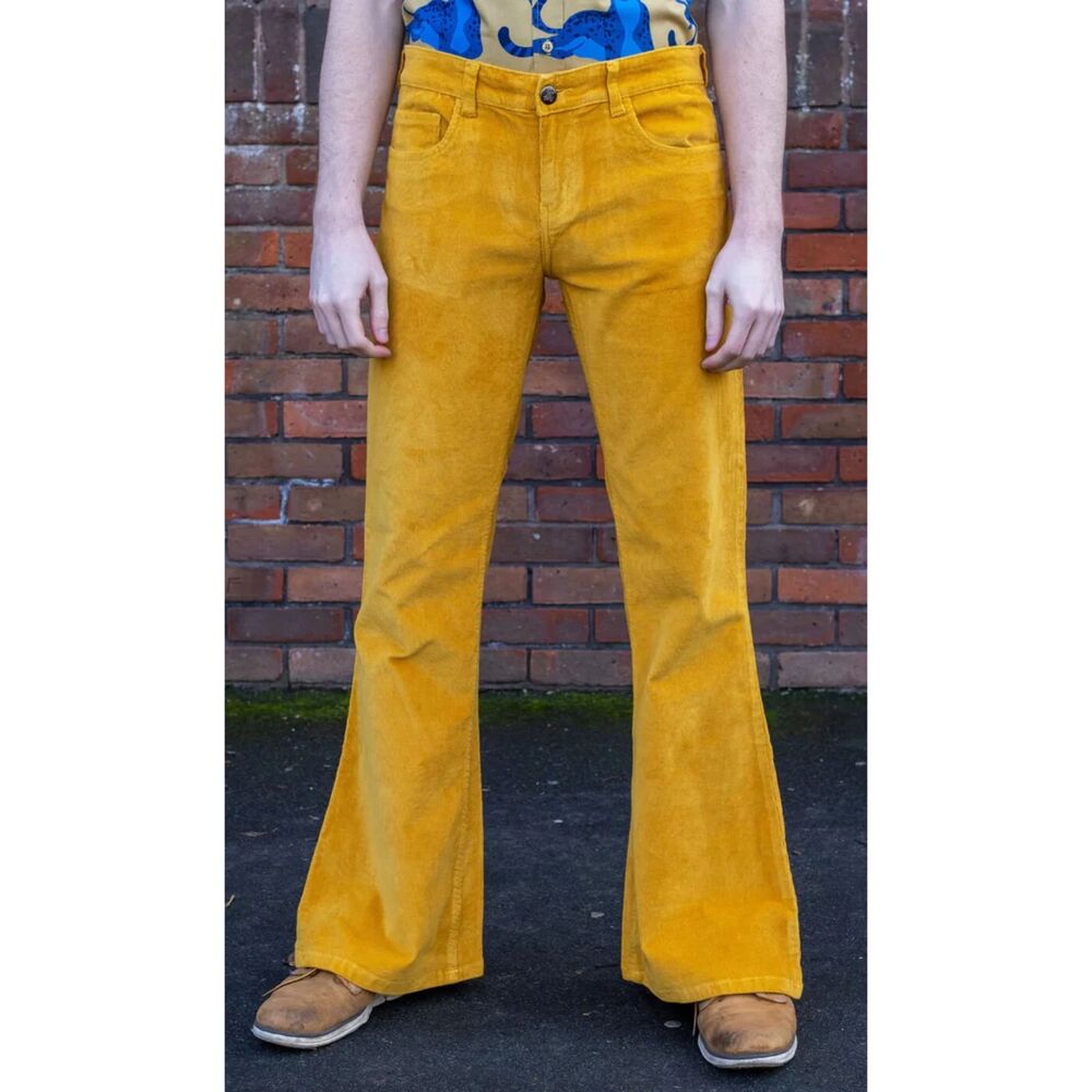 Run & Fly Men's Corduroy 70s Flare Trousers Mustard Gold Retro Size 30 S